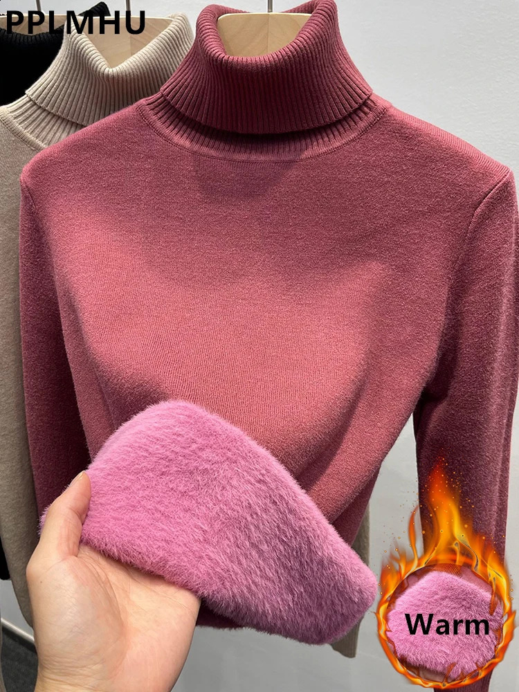 Thicken Velvet Turtleneck Sweater Women Korean Fashion Lined Warm Sueter Knitted Pullover Slim Top Winter Jersey Knitwear Jumper 241217