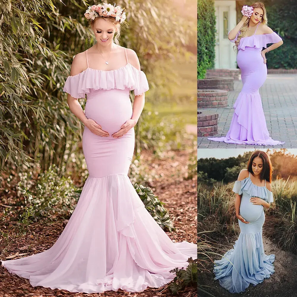 Womens Ruffle Lace Off Shoulder Maternity Dress for Pography Baby Shower Flounce Floral Mermaid Gown for Po Shoot 241223
