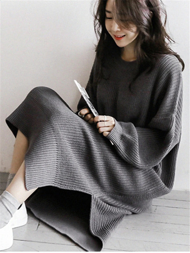 REALEFT Autumn Winter Oversize Womens Knitted Dresses ONeck Side Split Loose Long Sleeve Sweater Dress Female 241218