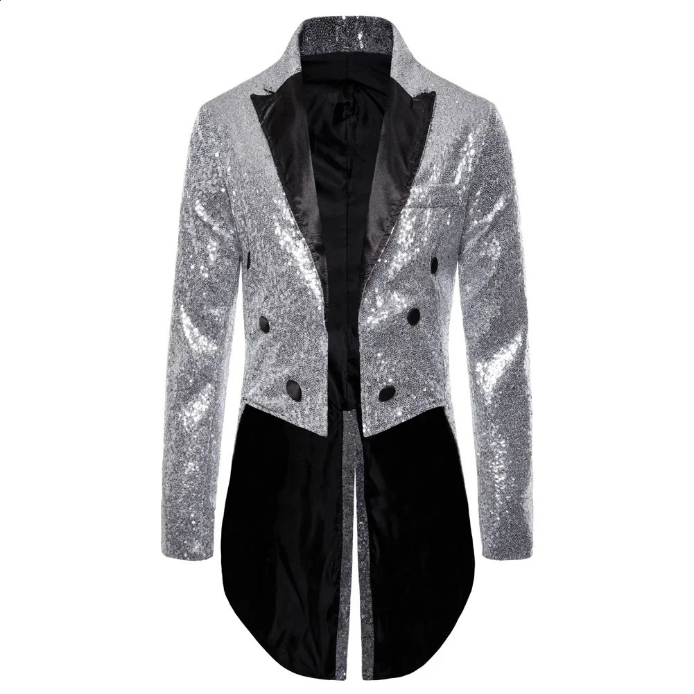 Shiny Gold Sequins Glitter Tailcoat Suit Jacket Male Double Breasted Wedding Groom Tuxedo Blazer Men Party Stage Prom Costume 241218