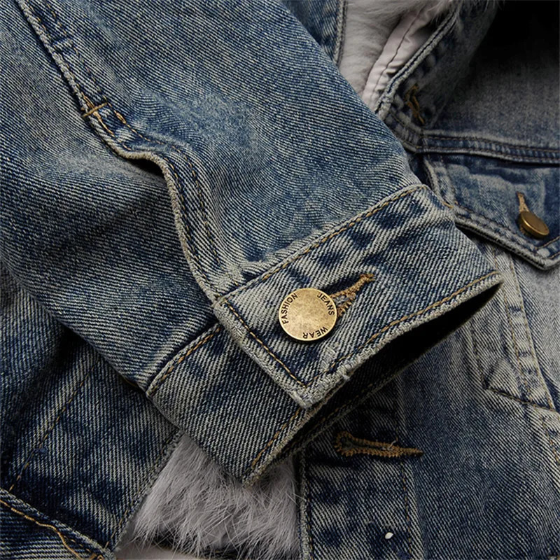 Vintage Blue Natural Fox Fur Collar Rabbit Hair Liner Denim Jacket Women Cow Outerwear Winter Loose Short Jeans Jacket Female 241220