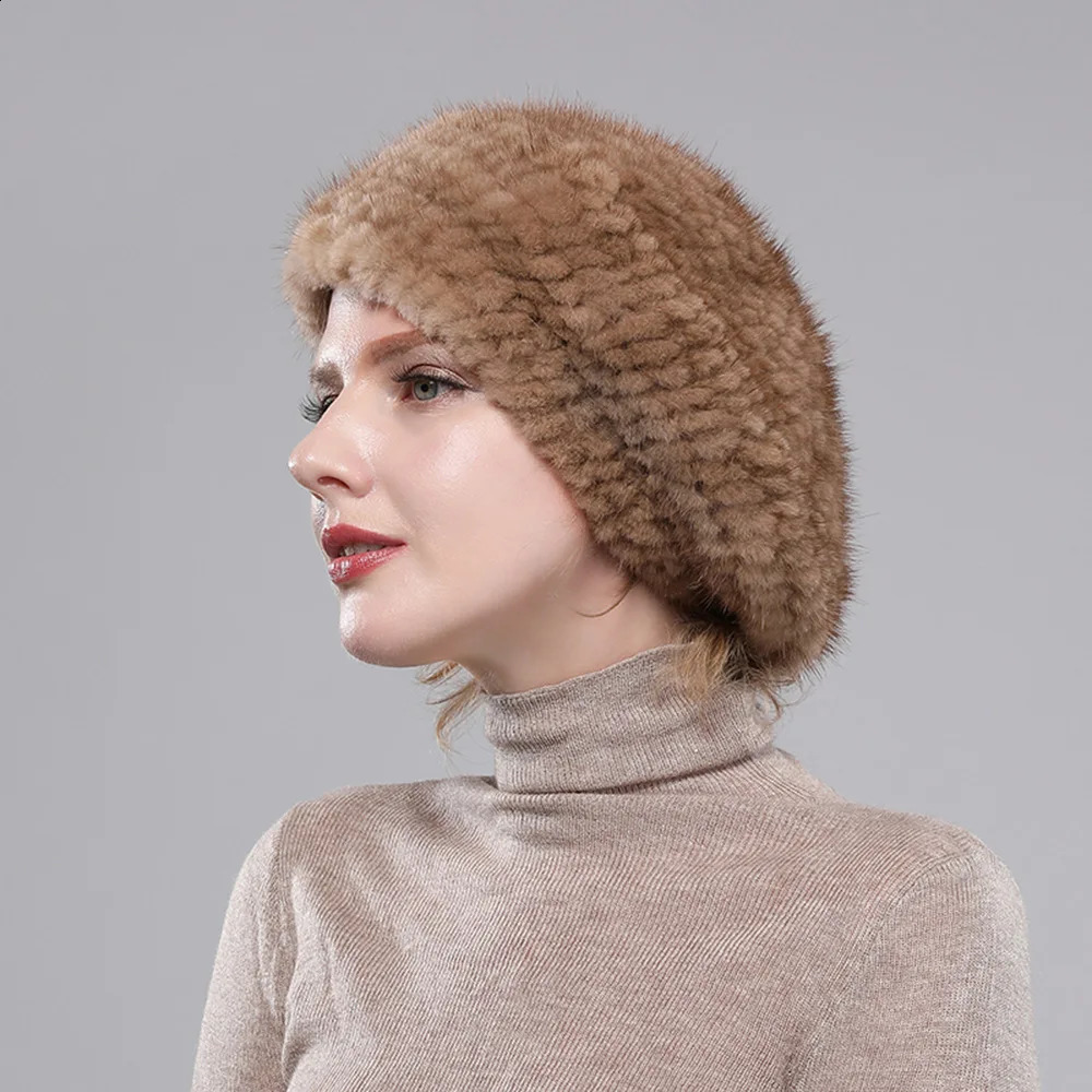 Real Mink Fur Berets Elegant Womens Winter Caps n Fashion Fur Hats Knitted Warm Natural Mink Fur Beanies Hat 241214