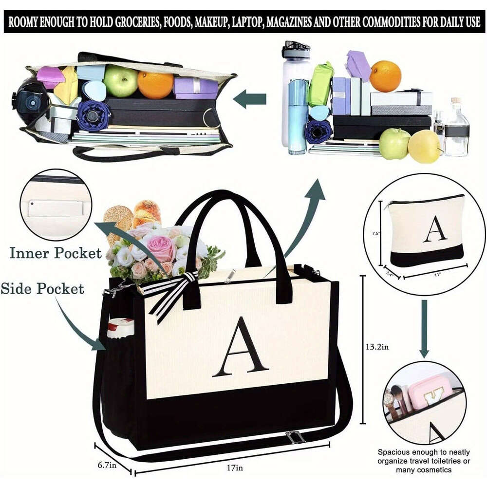 3pcs/2pcs - Initial Canvas Tote & Makeup Bag With Adjustable Strap, Birthday Women Gifts For Wife Girlfriend Friends Female Sister Teacher, Christmas 