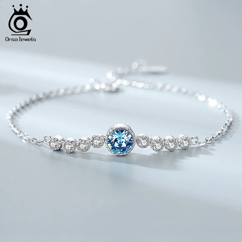 ORSA JEWELS Blue Cubic Zirconia Bracelet Chain Women Gift 925 Sterling Silver Charm Round Pink Crystal Bangle Exquisite SWB03 241214