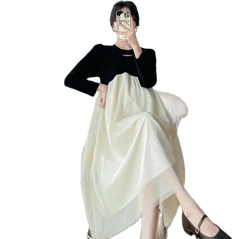 Fashion Maternity Autumn Chiffon Dress Ruffles Patchwork High Waist Block Color Pregnant Woman Chiffon Dress Princess Clothes 241223