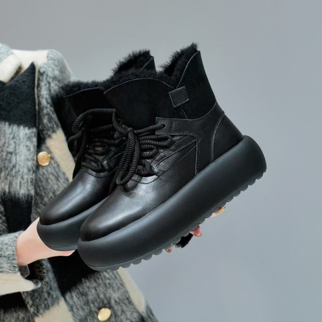 New Winter Warm Bread Cotton Shoes With Genuine Leather Thick Sole And Short Tube Fur Integrated Northeast Snow Boots For Women