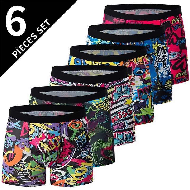 6-piece mens fashionable printed long boxer underwear comfortable plus size sexy shorts youth multi-color combination underwear W241223