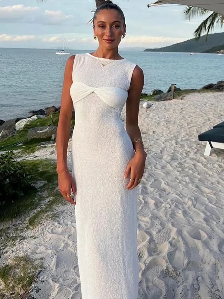 Fantoye Knitted Round Neck Ruched Women Maxi Dress Pink Sleeveless See Through Dress Femme Summer Skinny Elegant Party Beachwear 241223