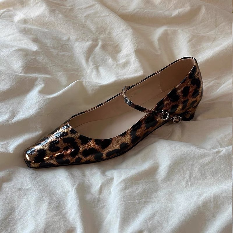 Sheepskin Edition~Autumn New Square Head Leopard Pattern Strap Mary Jane Women's Thick Heel Leather Single Shoes Women