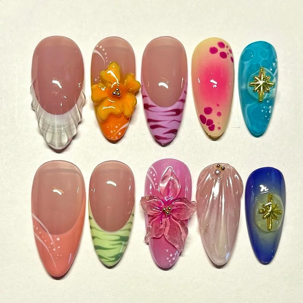 10Pcs Handmade Manicure Medium Almond Fake Nails Cute 3D Limited Nails Press On Nails with Adhesive Nail File Set 241223