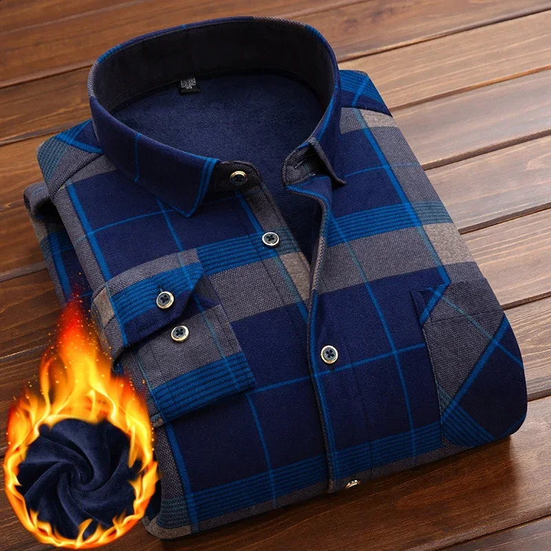 Winter Men Plaid Flannel Thick Casual Shirt Slim Fit Long Sleeve Cotton Men Warm Fleece Shirt camisas de hombre 241223
