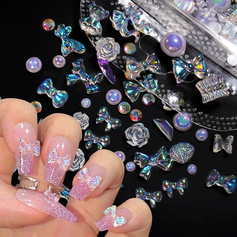 100Pcs 3D Colorful Mixed Nail Decorations Kawaii Resin Nail Charms Exqusite Bowknot Heart Flower Shaped Jewelry DIY Nail Accesso 241223