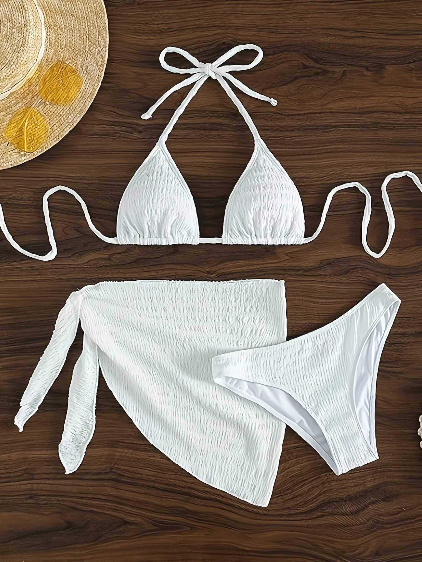 European and American Sexy Split Solid Color Bikini Womens Swimsuit Three-Piece SetXJ241223