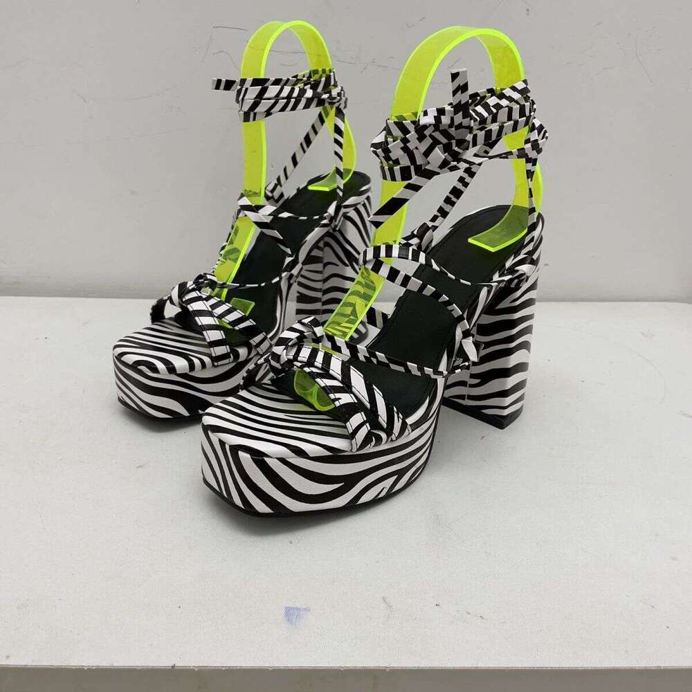Large Size New Style Platform Cross Tie Strap High Heel Sandals Women summer chunky heel zebra printing slingbacks outdoor heels 12CM heeleed