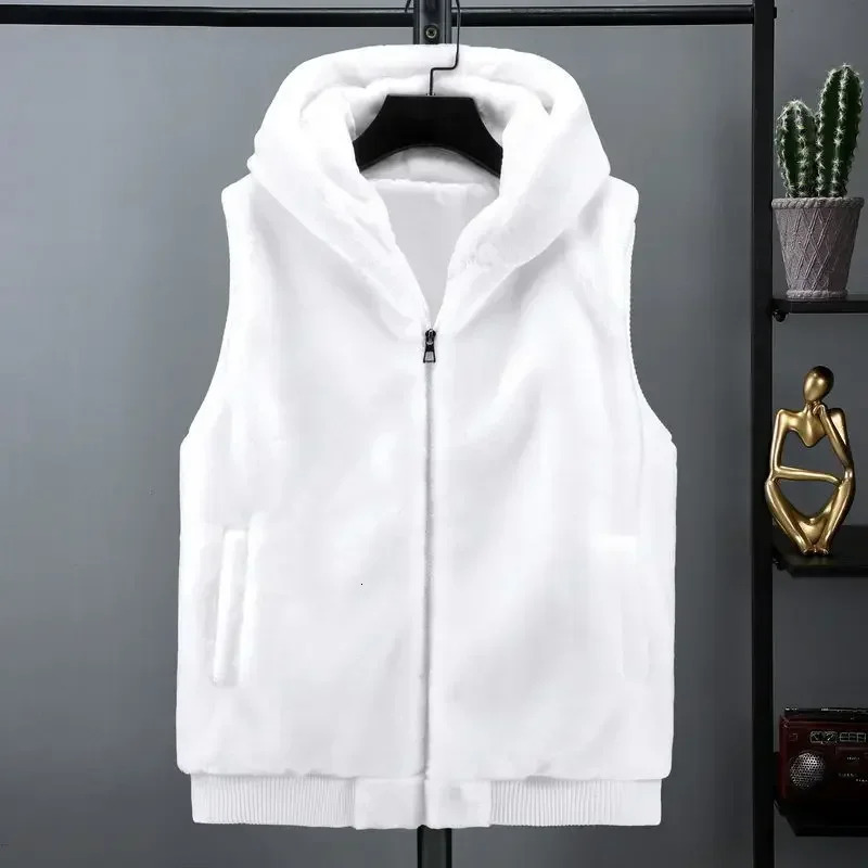 2025 New Sleeveless Jacket Men Hooded Warm Thermal Witer Faux Fur Vest Male Plush Flannel Coat Fluffy Fleece Waistcoat