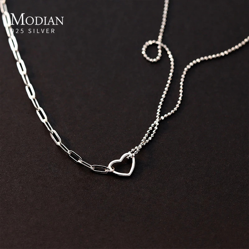 MODIAN Genuine 925 Sterling Silver Exqusite Asymmetric Hearts Fashion Pendant Silver Chain Necklace For Women Fine Jewelry Gift 241220