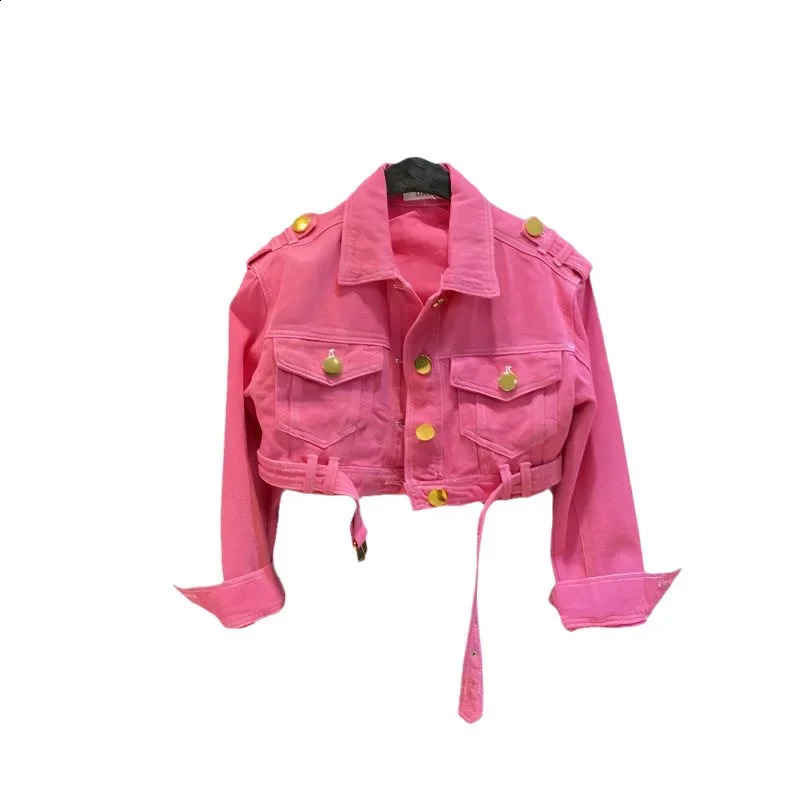 2-15 pink kids baby girls Jean jacket autumn solid color lapel metal button children fashion teenages girl short coat clothes 241223