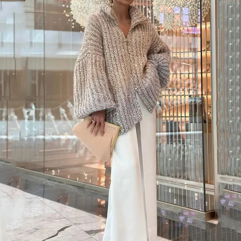 Women Fashion Gradual Sequin Knit Cardigan Elegant Loose Lantern Sleeves Zipper Sweater 2024 Autumn Winter Female Knitwear Tops 241220