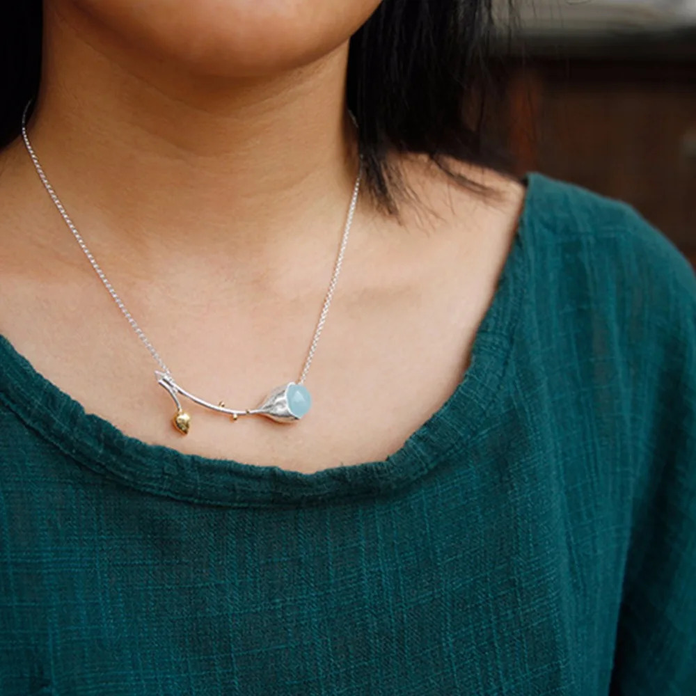 Lotus Fun Moment Real 925 Sterling Silver Natural Stone Handmade Fashion Jewelry Elegant Lotus Buds Necklace for Women 241220