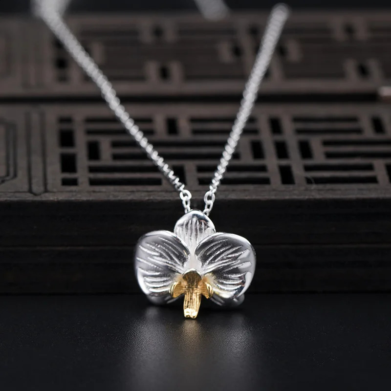 Lotus Fun 925 Sterling Silver Chain Vintage Delicate Chinese Style Phalaenopsis Orchid Flower Necklace for Women Fine Jewelry 241220