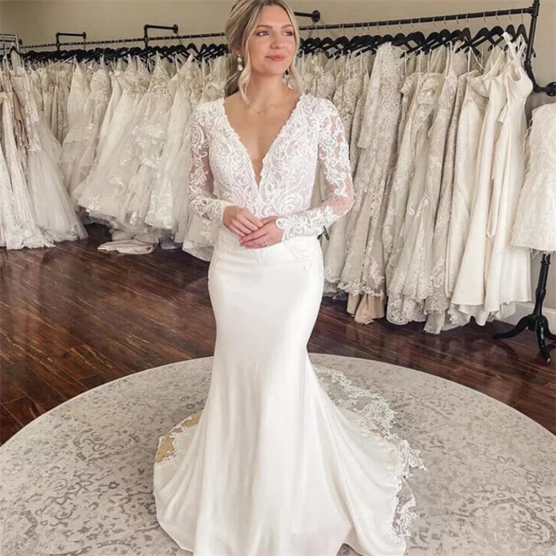 Exquisite Lace Mermaid Wedding Dresses With Train Elegant Long Sleeve Satin V Neck Country Garden Bridal Dress Gelinlik Robe De Mariage 2025 Vestio No