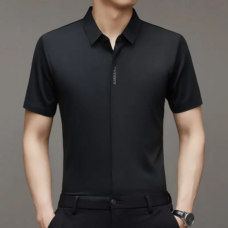 Summer Smart Casual Short Sleeved Mens Shirt Mens Solid Square Neck Button Embroidered Letter High End Wrinkle Resistant Tops 241223