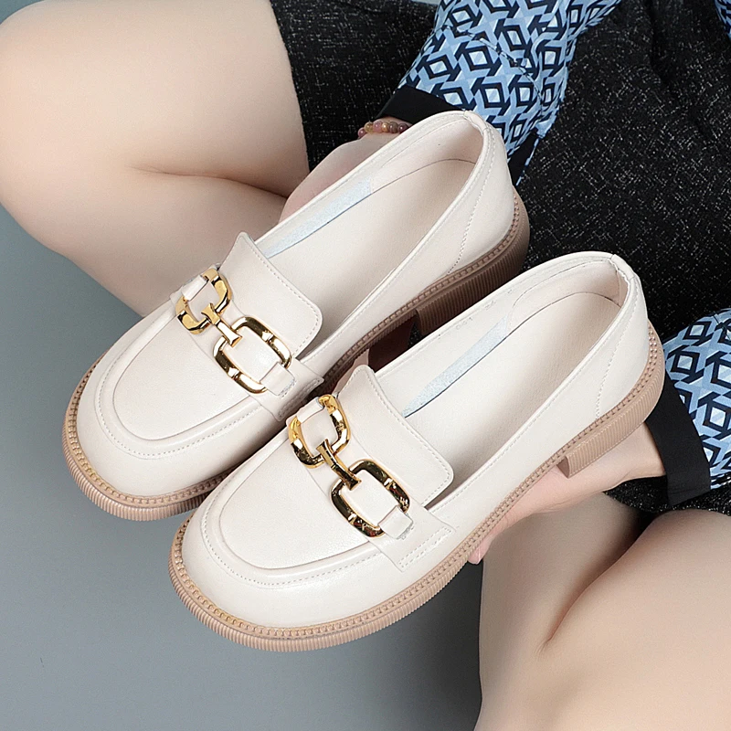 Women's Shoes Loafers Thick Heel Genuine Leather Spring Shoes British Style Large Size Casual Footwear Woman Sneakers