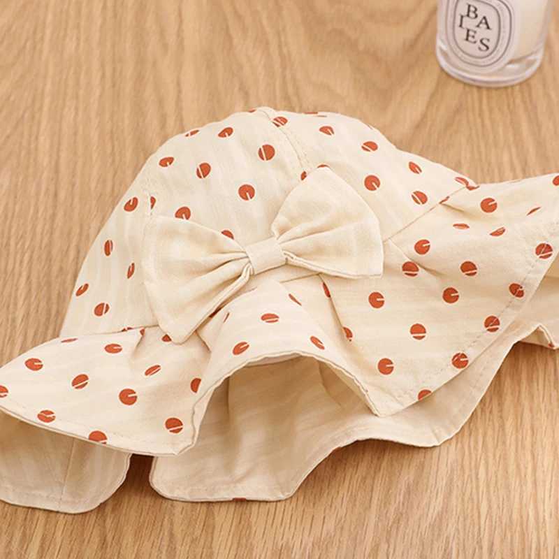 Caps Hats Cute bow decoration baby hat with new pleated edge printing bucket suitable for girls children outdoor adhesive cotton fishermans sun H24122