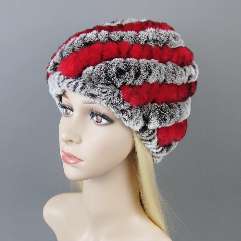 Outdoor Winter Good Elastic Real Fur Hat Women Knitted Natural Rex Rabbit Fur Skullies Cap Warm Soft Real Fur Beanies Hats 241214