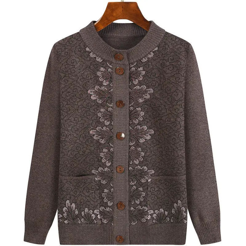Middleaged Grandma Autumn knitting cardigan jacket Fashion Loose Longsleeve Pocket Sweater Coat Singlebreasted Warm Outwear 241220