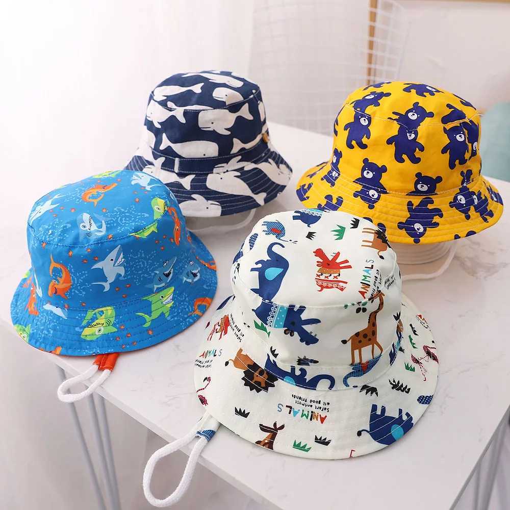 Caps Hats Cute childrens outdoor bucket hat childrens sun hat with windproof rope cotton baby hat childrens summer hat H241223