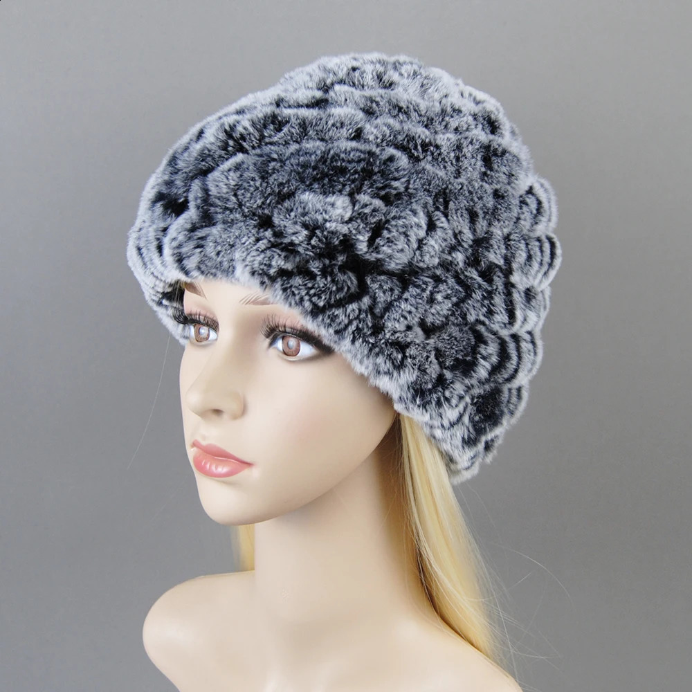 Outdoor Winter Good Elastic Real Fur Hat Women Knitted Natural Rex Rabbit Fur Skullies Cap Warm Soft Real Fur Beanies Hats 241214