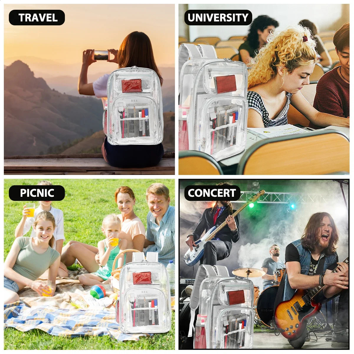 Fashion Clear Backpack Large Capacity School Bag with Multiple Pockets Heavy Duty PVC Transparent Travel Bag Comfortable Outdoor 241223