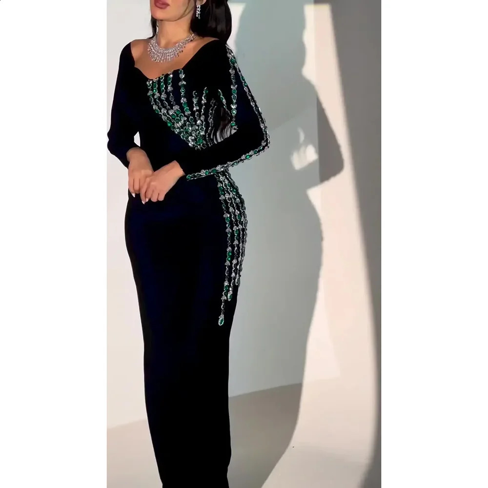 Customized Black Off Shoulder Long Sleeves Evening Dresses for Women Beadings Crystals Ankle-Length Formal Party Prom Dresses 241217