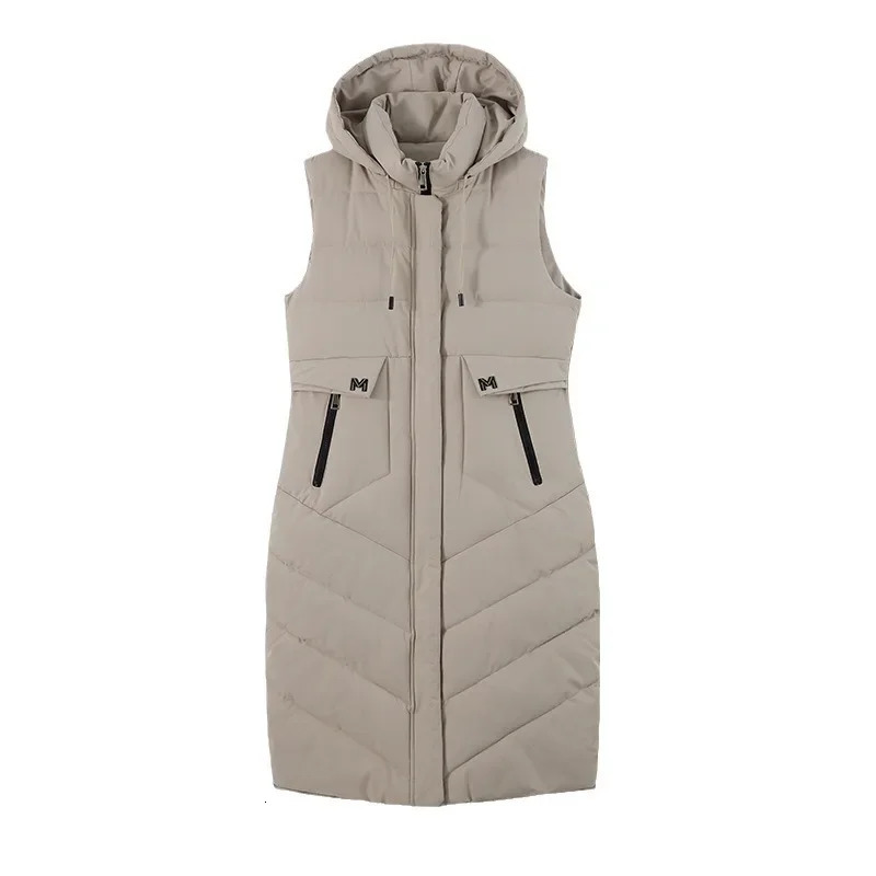 2024 Fashion Winter Long Vest Woman Outerwears Hooded Elegant Thick Warm Jackets Coat Female Sleeveless Down Cotton Parka 241220