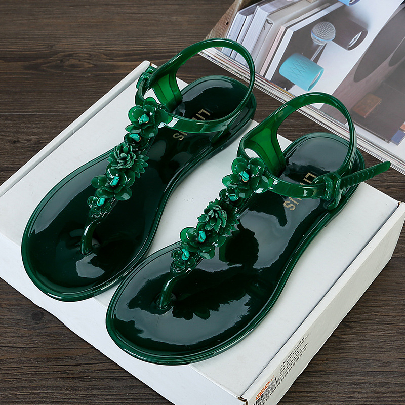 Women Sandals Handmade flower plastic sandals women's summer clamp T-buckle non-slip holiday beach slippers European and American flip-flops 2025