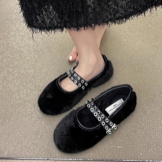 3347F Shoes Winter Cotton For Women Ballerina Cozy Cotton Quality Loafers Warm Plush Moccasins Woman Double Studs Buckle Belt New Fur Flats 2023