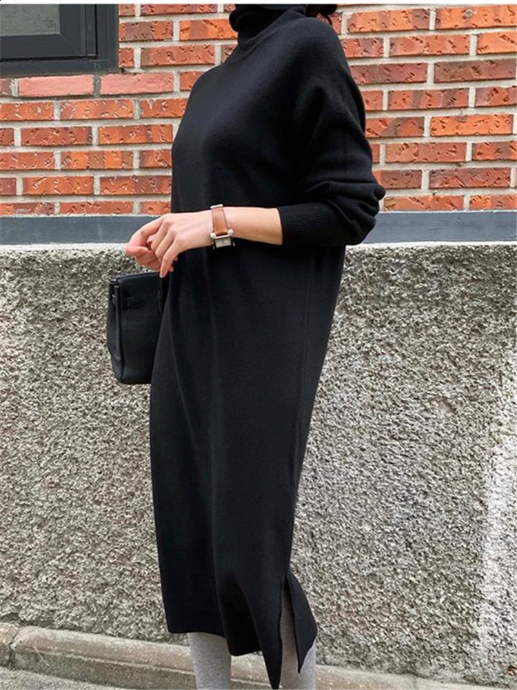REALEFT Autumn Winter Loose Turtleneck Dress Female Straight Sweater Dresses Long Sleeve Knitted Womens 241218