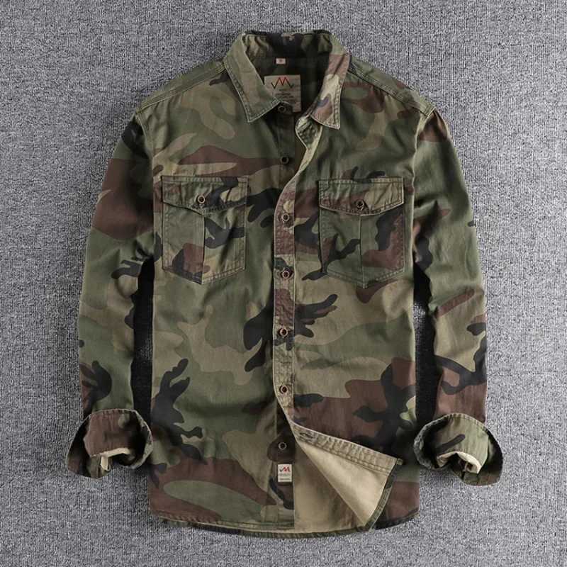 High quality mens classic camouflage cargo shirt durable outdoor hiking sports collar jacket casual youth hard pocket Camisia W241223