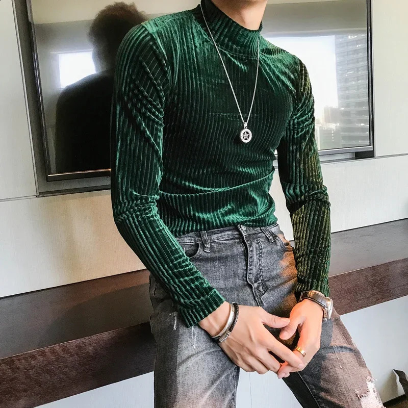 Velvet Turtleneck T-Shirt 2024 Fall Winter Slim Striped Casual T-Shirt Men Long Sleeve Tight T-Shirt Club Costume Camiseta Homme 241223