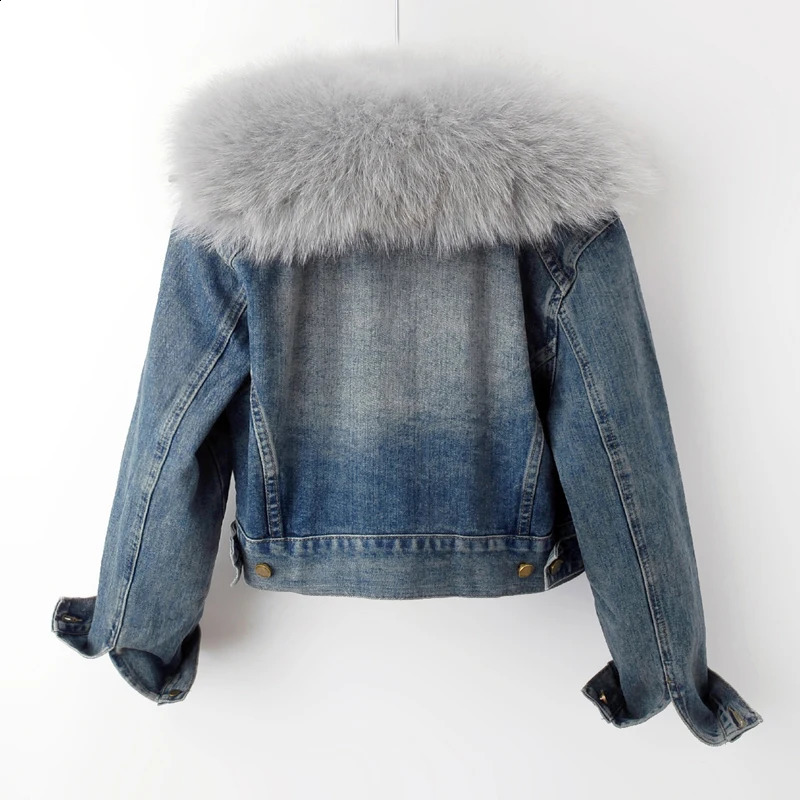 Vintage Blue Natural Fox Fur Collar Rabbit Hair Liner Denim Jacket Women Cow Outerwear Winter Loose Short Jeans Jacket Female 241220