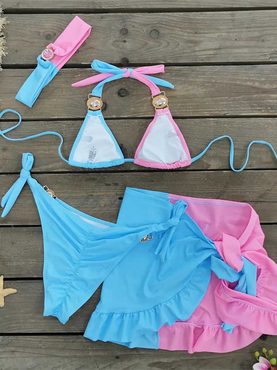 Sexy Skirt 4 Pieces Bikini Set Women Luxury Blue Patchwork Rhinestone Push Up Cover Up Swimsuit 2024 Beach Bathing Suit SwimwearXJ241223