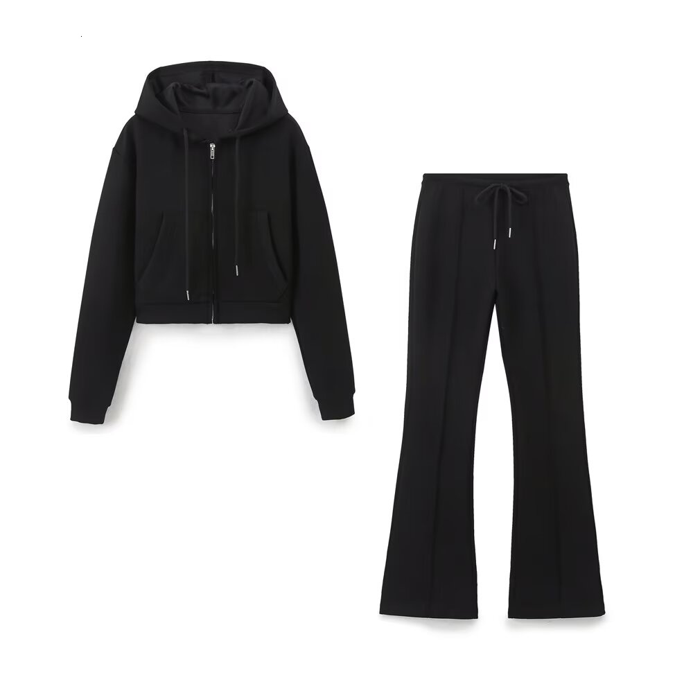 Taop&Za Autumn New Women's Fashionable Casual Zipper Decoration Hooded Long Sleeved Sweatshirt Jacket Trumpet Pants Set