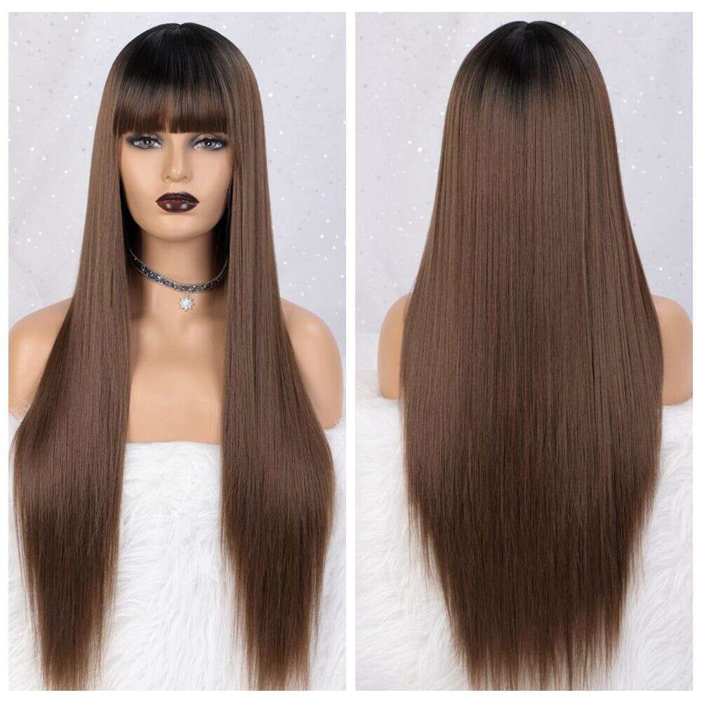 Women's Wig Made Of Synthetic Fiber, High-Temperature Silk, Hair With Bangs, Long Straight Hair, Breathable Wig, Headband, Wigs
