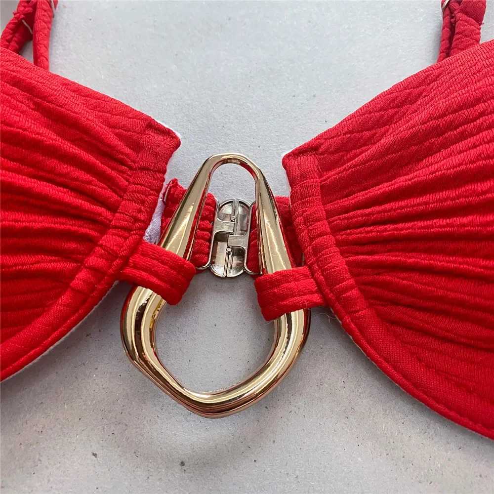 Sexy Red Push Up Bikini 2024 Women Swimwear Wrinkled Underwired Swimsuit High Cut Bathing Suit Metal Ring Bikinis Set BiquinisXJ241223