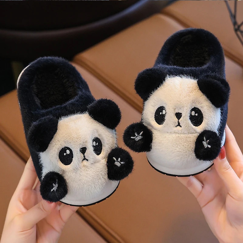 Cute Childrens Cartoon Panda Winter Slippers Comfortable Warm Cotton Shoes Boys Girls Indoor Home Fluffy Slippers 241223