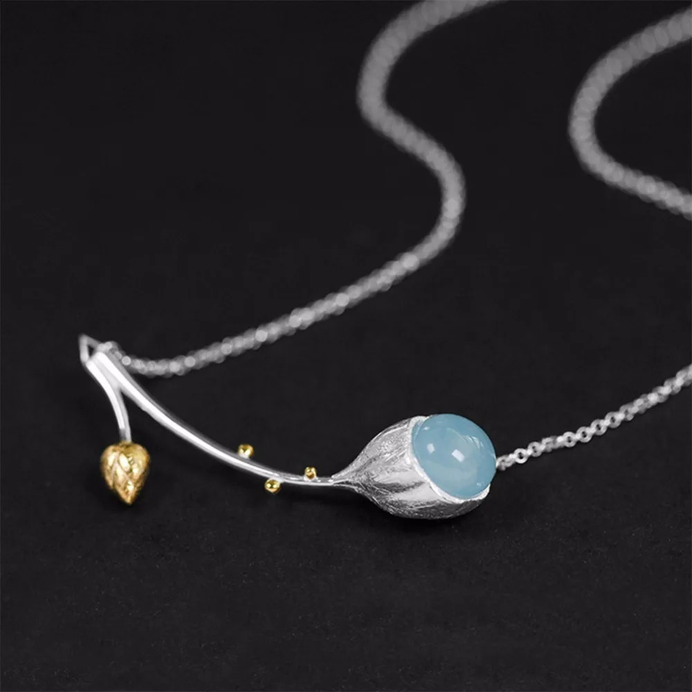 Lotus Fun Moment Real 925 Sterling Silver Natural Stone Handmade Fashion Jewelry Elegant Lotus Buds Necklace for Women 241220