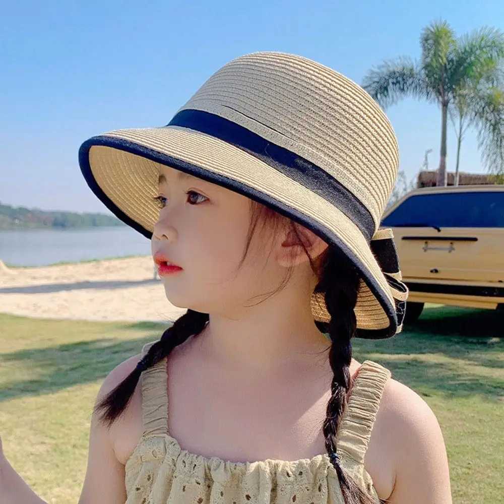 Caps Hats Spring and summer children girls grass bucket hat beach holiday round outdoor bow sun hat H241223