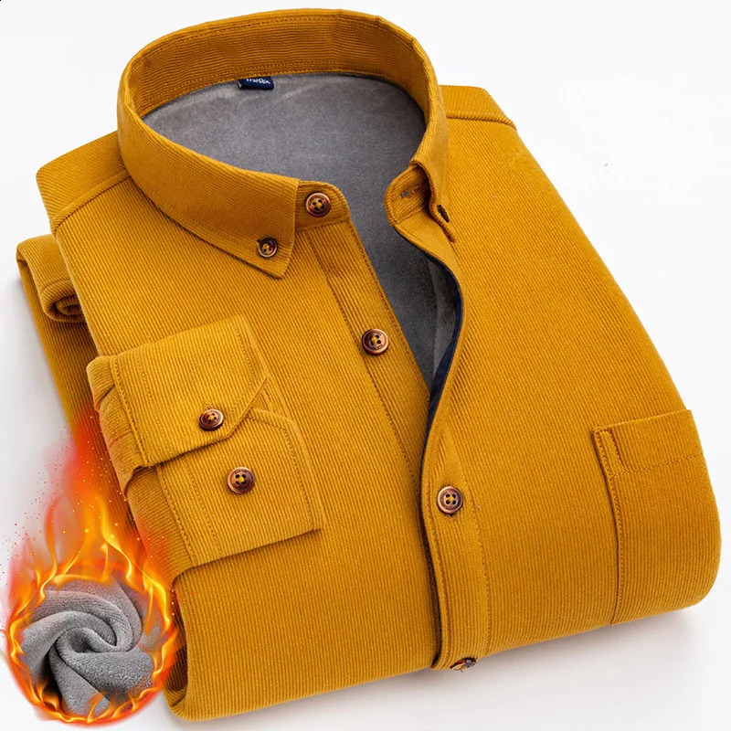 autumn and winter fleece thickened mens shirt long sleeve warm corduroy with pocket leisure free ironing slim high quality 241223