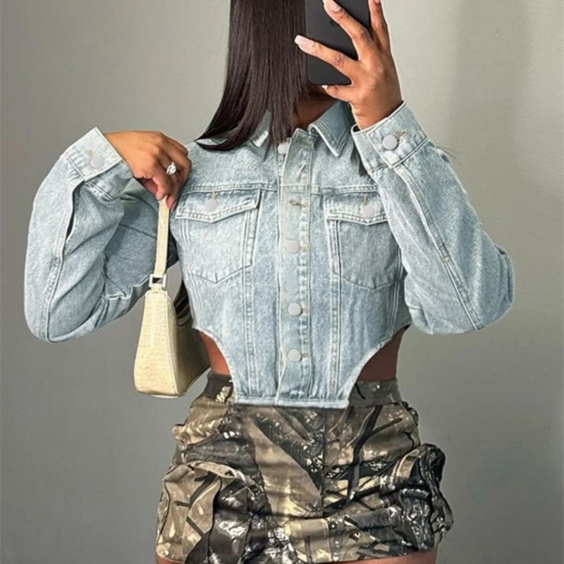 Fashionable womens cut denim jacket unique n hollow side suitable for regular style in all seasons 241211